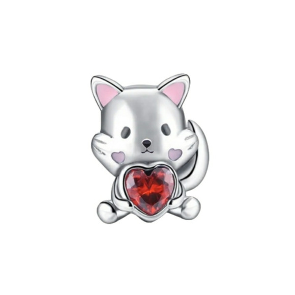 Sterling Silver Cat Bracelet Charm Kitty Cat Ruby Red Rhinestone Jewelry Gift - Picture 1 of 8